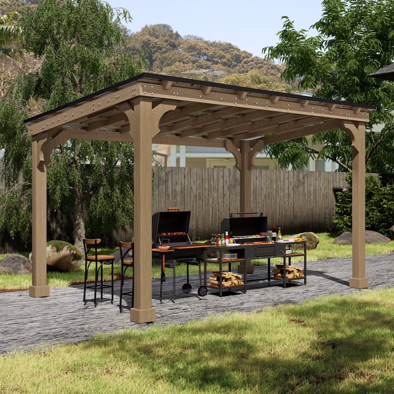 VEIKOUS Wood BBQ Grill Gazebo with Steel Roof for Patio Garden Backyard and Lawn