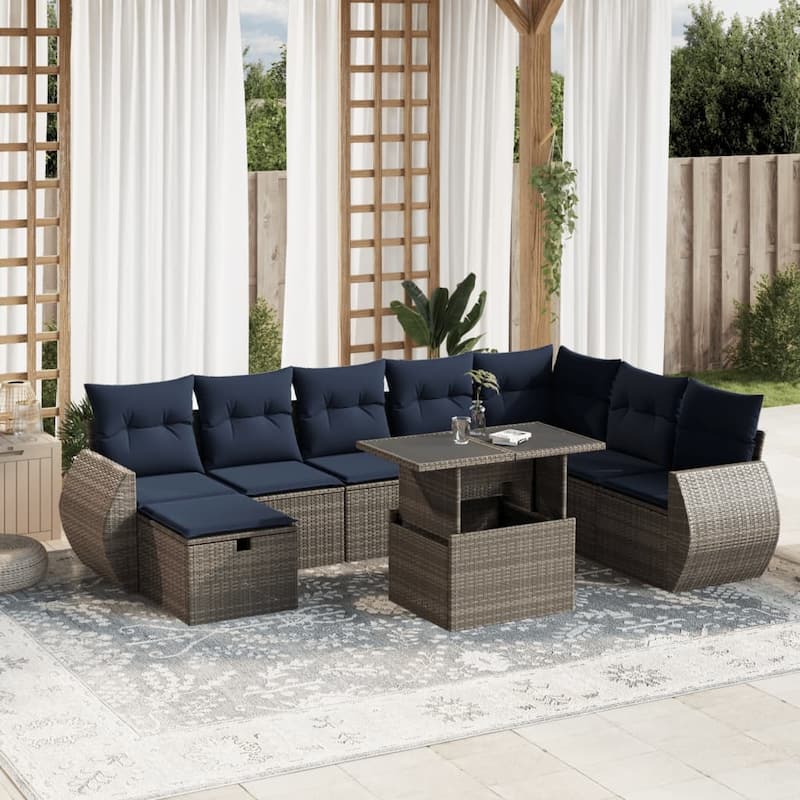 vidaXL Patio Sofa Set with Cushions Sectional Couches 9 Piece Poly Rattan - 24.4 x 24.4 x 27.2 - Grey