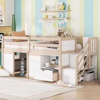 Wooden Twin Low Loft Kids Bed Frame with Stairs & Storage Drawer, Cream + White
