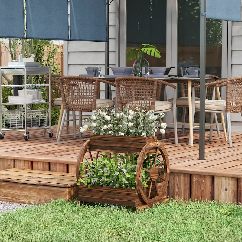 Outsunny 2-Tier Raised Garden Bed, Wooden Wagon Planter Boxes with Drainage Holes, for Vegetables Flowers Herbs, 25" x 21" x 24" - Tan