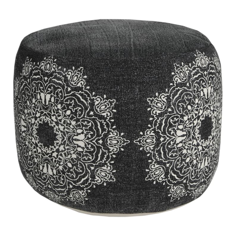 18 Inch Black Cotton Pouf Ottoman with Floral Medallion Pattern