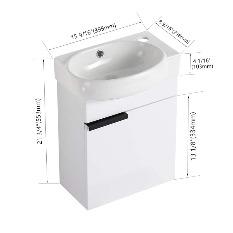 17 in.W Wall-Mounted Plywood Bathroom Vanity in White with Ceramic Sink