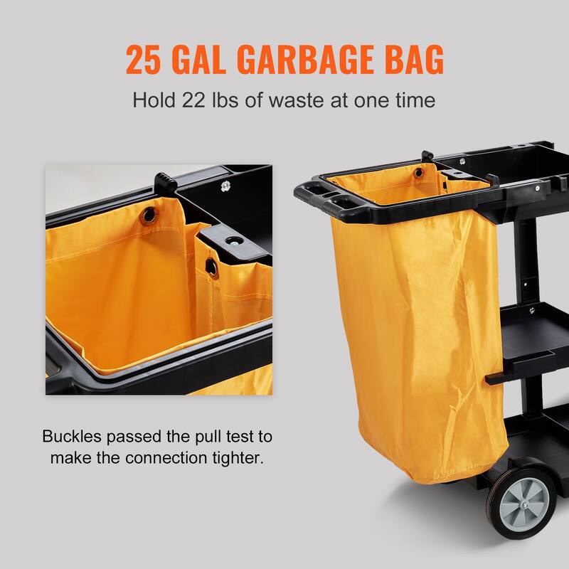 Cleaning Cart, 3-Shelf Commercial Janitorial Cart, 200 lbs Capacity Plastic Housekeeping Cart, with 25 Gallon PVC Bag