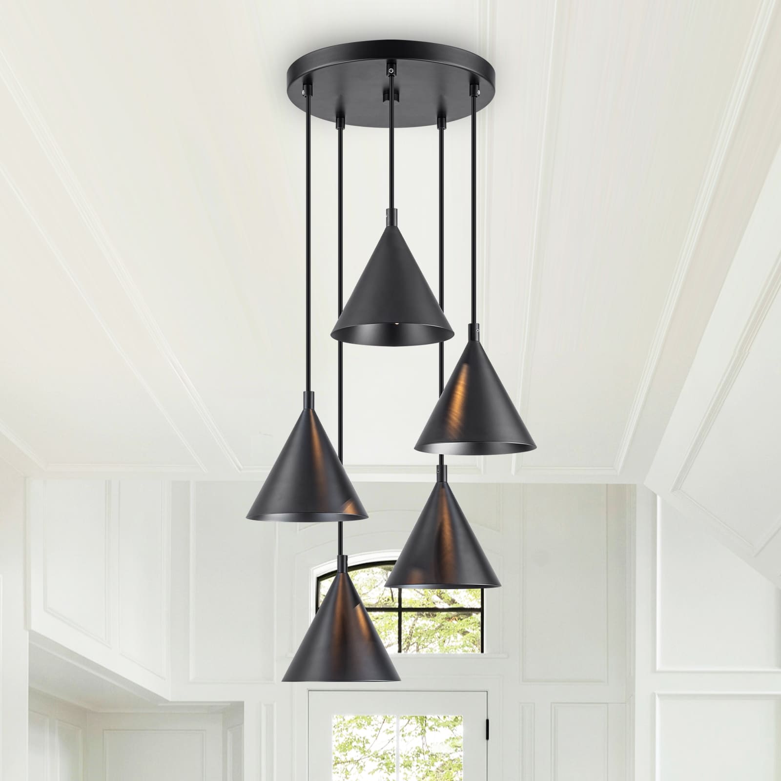 5-Light Industrial Matte Black Pendant Light Cone Iron Shades Kitchen - Dia.11.81inch