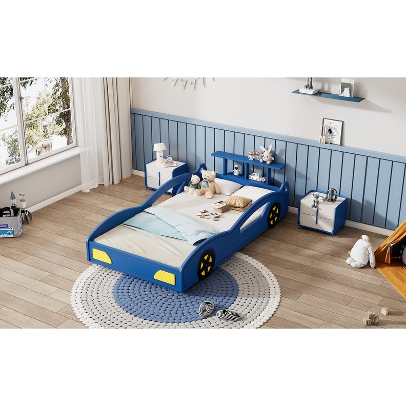 Car-Shaped Twin Size Wooden Platform Bed with Wheels