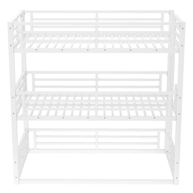 Roomfitters Twin/Full/Queen Metal Triple Bunk Bed with Safety Guardrails, Heavy-Duty Noise-Reduced Frame, White