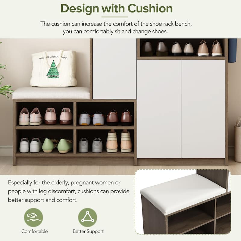 Entryway Shoe Storage Bench with Comfortable Cushion & Flexible Shelves, Holds 20 Pairs