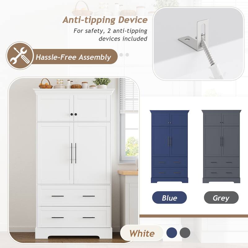 Farmhouse 72.6" Tall Kitchen Pantry with 4 Doors Storage Cabinet , 2 Drawers and Pull-out Trays for Cake Pan Storage Organizer