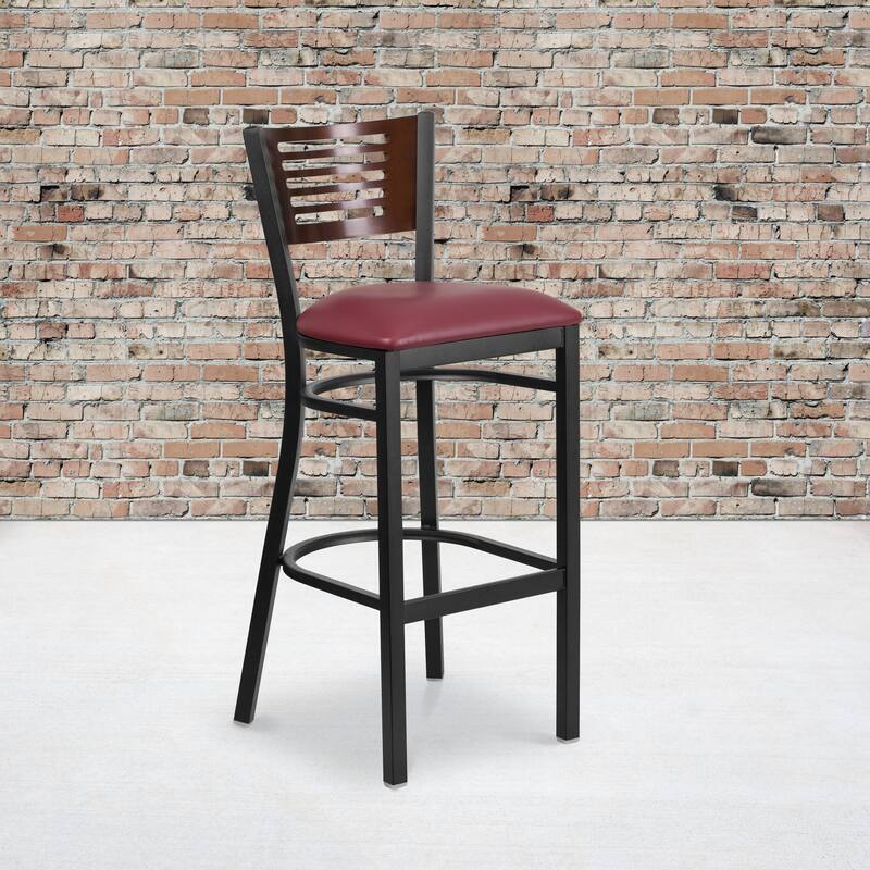 2 Pk. Hercules Series Decorative Slat Back Metal Restaurant Barstool - 19.75"W x 20"D x 43"H - 19.75"W x 20"D x 43"H - Walnut Wood Back/ Burgundy Vinyl Seat