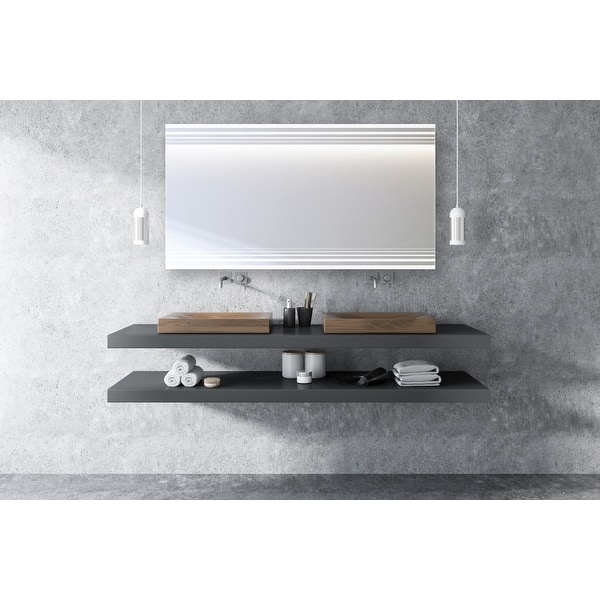slide 1 of 5, Contemporary Rectangle Bathroom Mirror Linear Line Etched Floating Frameless Wall Mirror Hangs Vertically or Horizontally 38" x 26"