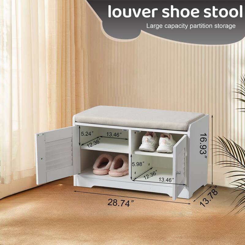28.74" Shoe Storage Bench, 2 Doors Entryway Bench with Cushion, Shoe Rack with Adjustable Shelves, Modern Wood Shoe Cabinet