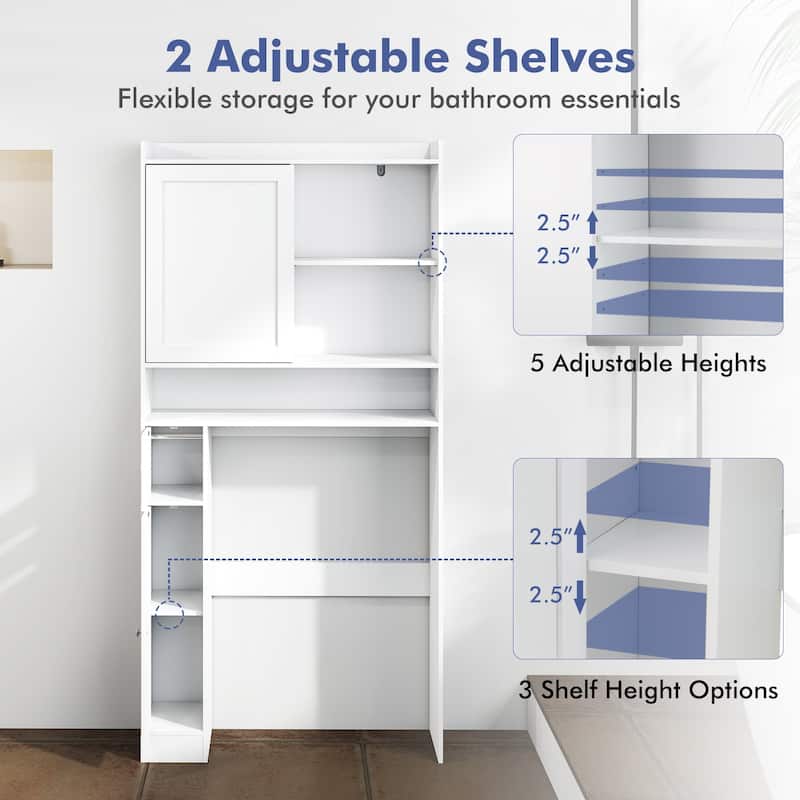 White MDF Over-the-Toilet Storage Cabinet with Sliding Door Adjustable Shelves and Toilet Paper Holder - 32.5" x 10" x 67.5"
