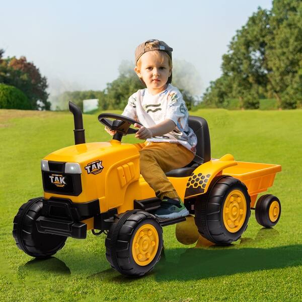 slide 2 of 20, 12V Ride-On Tractor for Kids Ages 3-6, Electric Excavator with Detachable Trailer, Remote Control, Bright Headlight, and Music Yellow