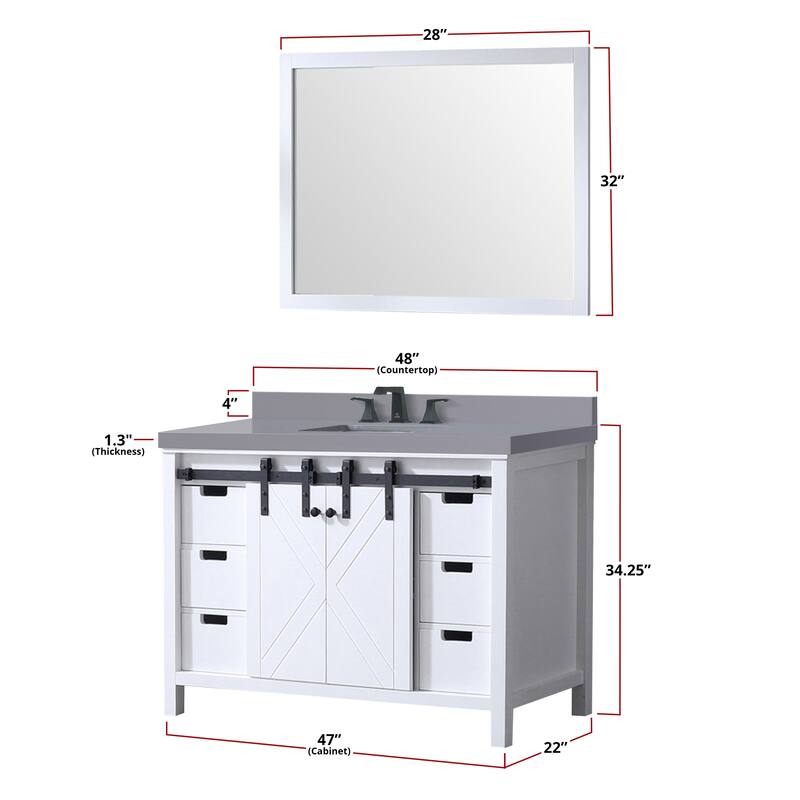 Marsyas 48 in W x 22 in D Ash Grey Bath Vanity, White Quartz Countertop and 44 in Mirror