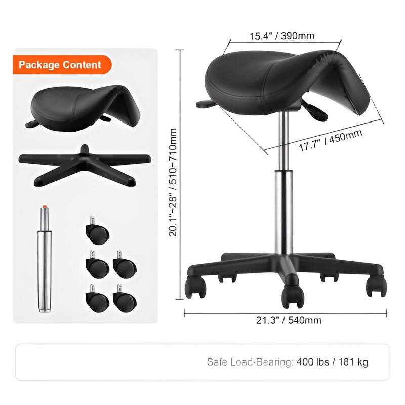 Black Saddle Stool 400 lbs Capacity w/ith Adjustable Seat & Wheels - 21.3x21.3x20.1