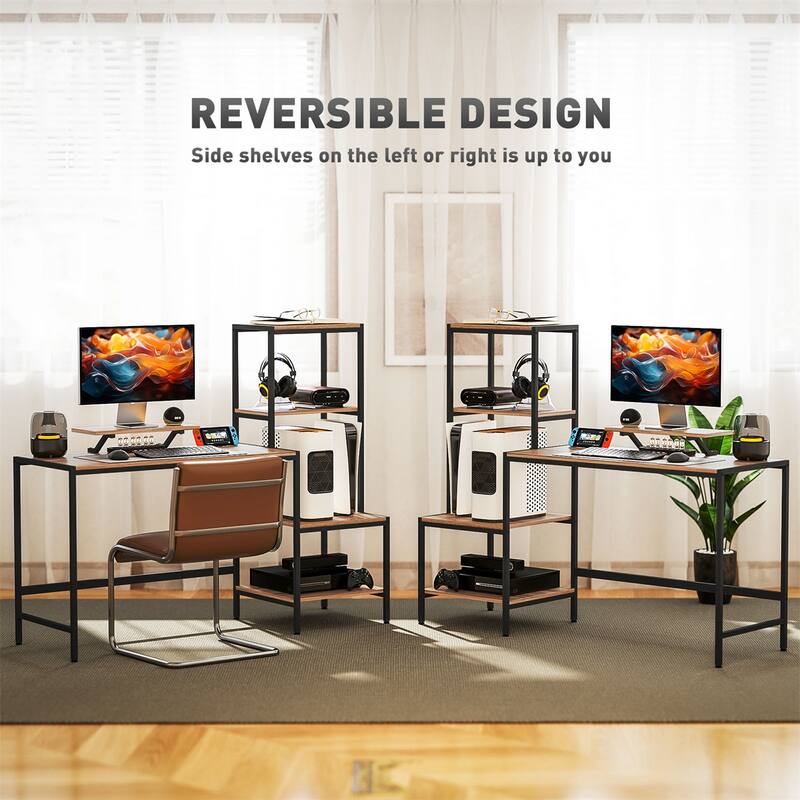 Computer Desk with Four Tier Adjustable Shelf and Monitor Stand Industrial Brown and Black Design Sturdy Home Office Workstation