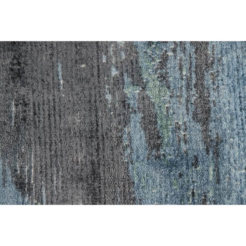 Hand Knotted Oriental Viscose Silk Carpet Modern Pictorial Navy Blue & Blues Abstract Area Rug - 8' 0'' X 5' 0''