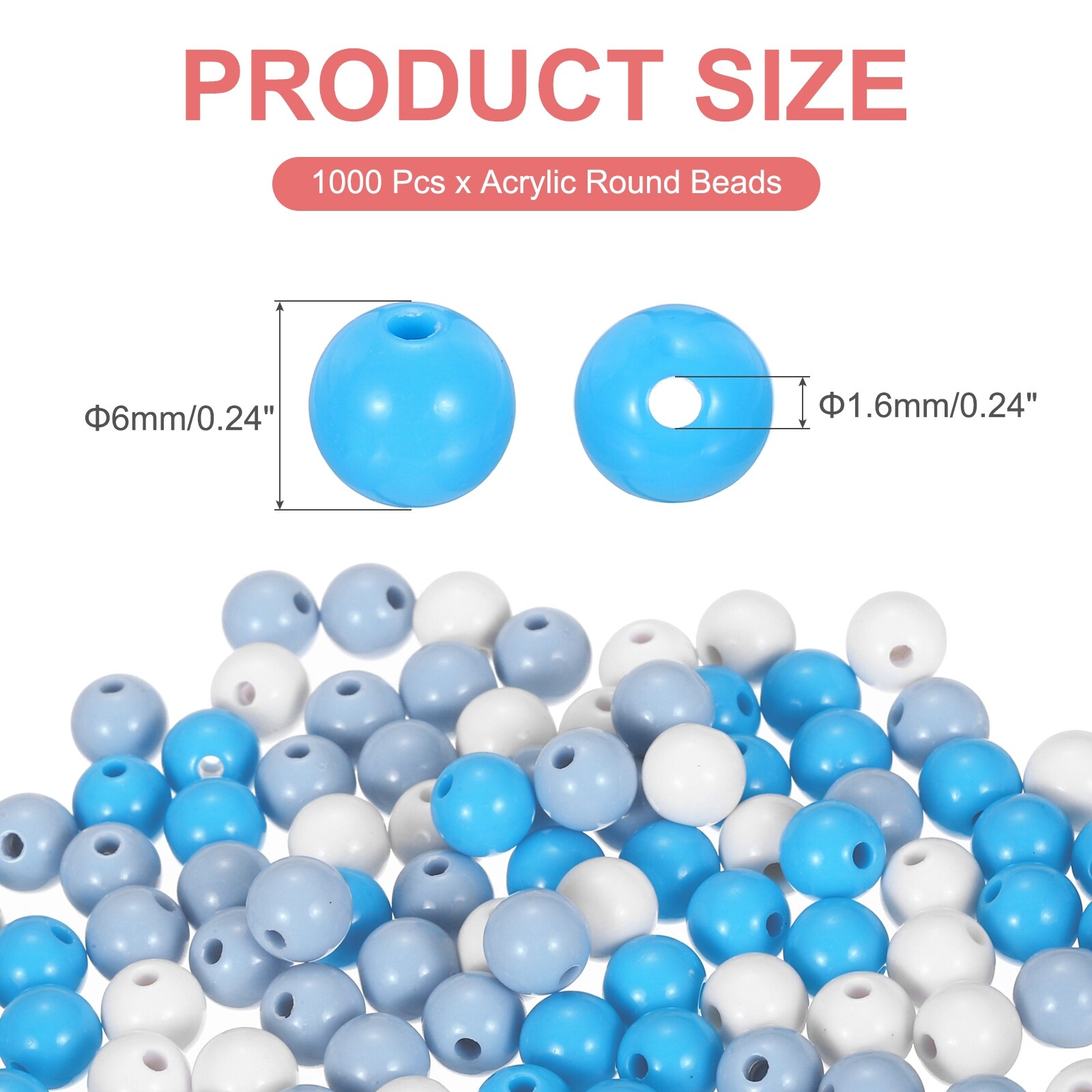 6mm Acrylic Round Beads, 1000Pcs Bubble Loose Beads, White Blue Light Blue