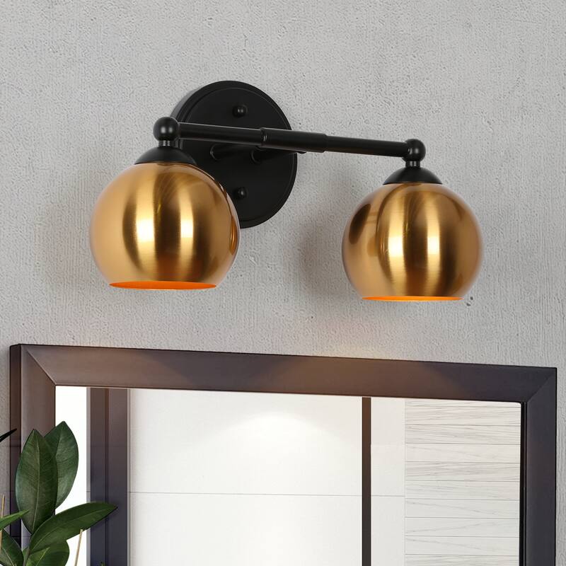 2-Light Modern Black Gold Vanity Light Bathroom Metal Wall Sconce for Powder Room - 14.5'' L x 6'' W x 7.5'' H