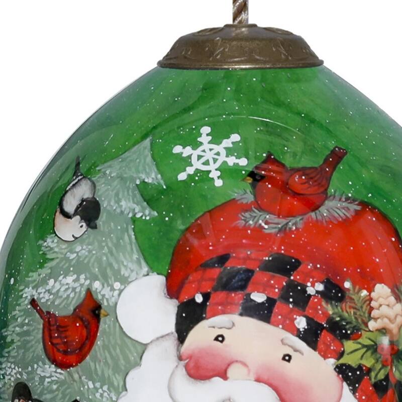 Plaid Santa with Cardinals Hand Painted Mouth Blown Glass Ornament - 4.75" x 2.5" x 2.5"