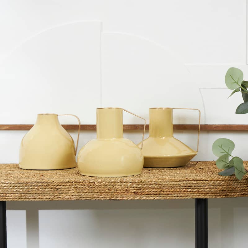 CosmoLiving by Cosmopolitan Metal Enameled Abstract Vase with Varying Shapes and Geometric Gold Handles (Set of 3) - Yellow