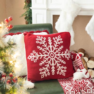 Glitzhome 18-Inch Christmas Knitted Snowflake Acrylic Red Pillow Cover with Tassels
