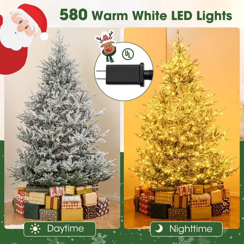 Costway 6/7/8 FT Artificial Christmas Tree with 762/1074/1470 Flocked - See Details - White & Green