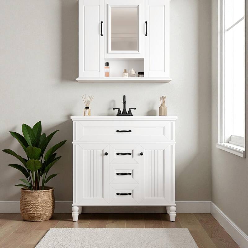 36-Inch Bathroom Mirror Cabinet with 3 Doors, Wall Mounted Medicine Cabinet with Adjustable Shelves and Open Storage