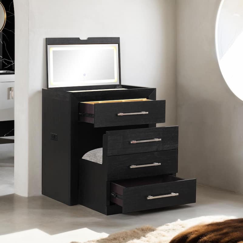 Furniture of America Alaric Modern Wood Black Vanity Set with Storage Stool - Black