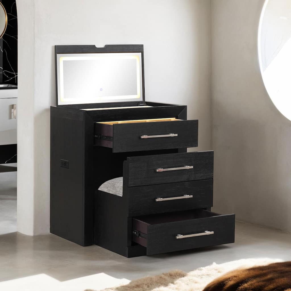 Furniture of America Alaric Modern Wood Black Vanity Set with Storage Stool