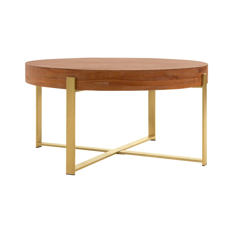 Modern Retro Splicing Round Coffee Table, Fir Wood Top with Cross Legs
