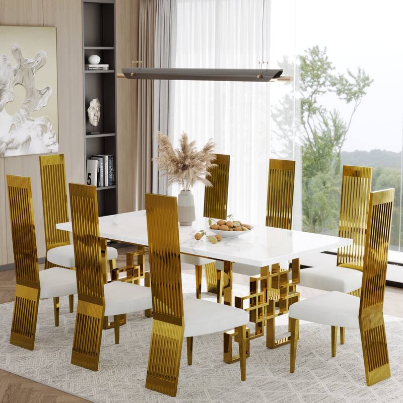 Faux Mable Dining Table Set with White Boucle and High Back Chairs