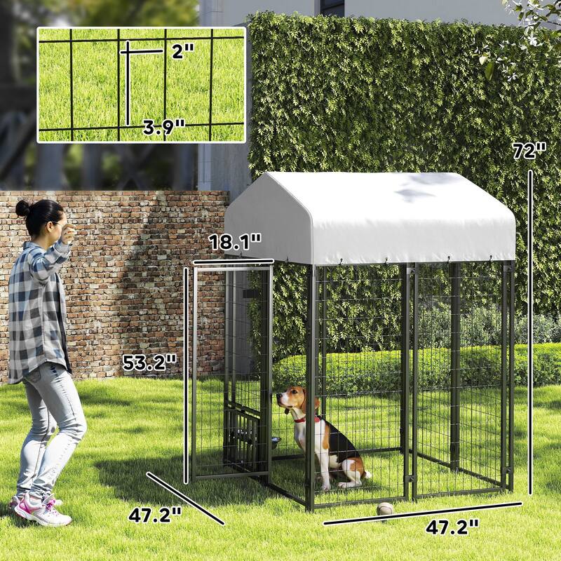 PawHut Outdoor Dog Kennel, Dog Run Welded Wire Heavy Duty with Rotatable & Height Adjustable Bowls, Dog Kennel Outside