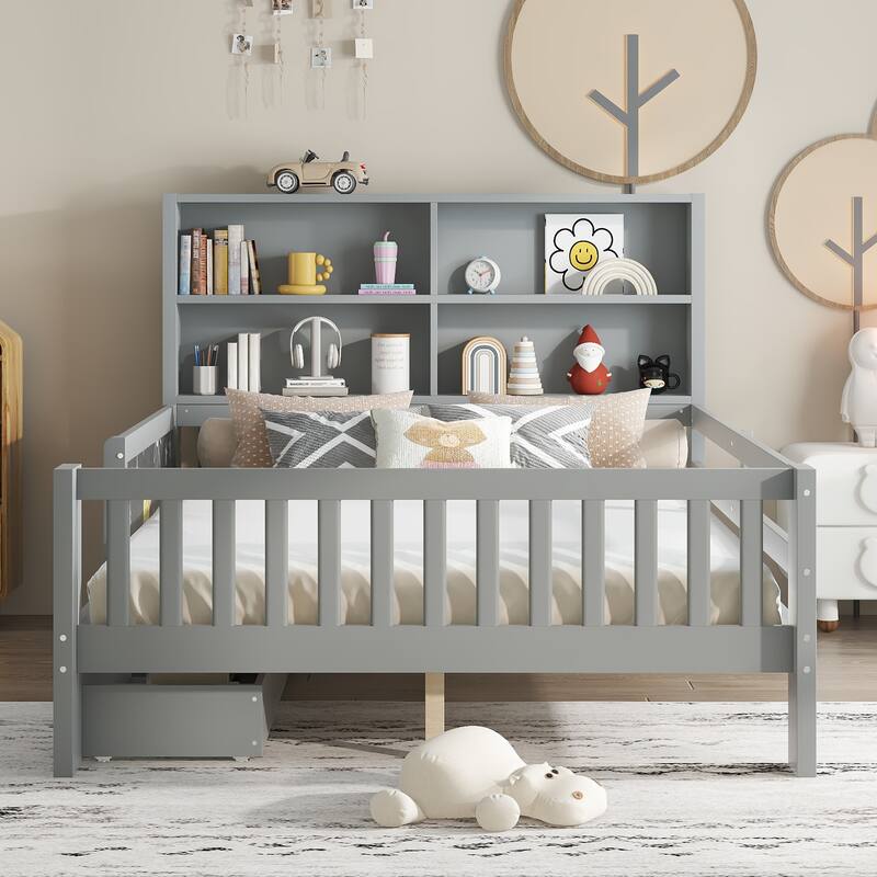 Childlike Fun Solid Wood Low-profile Platform Bed Storage Bed Frame with Side Chalkboard, Open Shelves, Drawers and Guardrails