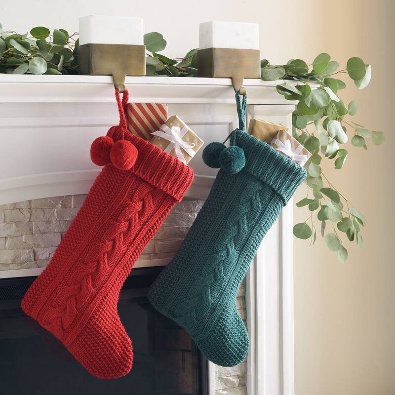 SAFAVIEH Holiday Bernardita Nutmeg Hanging Knit Pom-Pom Stocking (Set of 2) - 11" W x 19" L - 11Wx19D