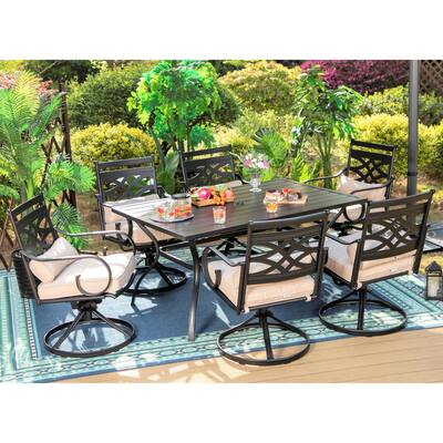 7-Piece Outdoor Dining Set Steel Rectangle Table & Elegant Cast Iron Pattern Dining Chairs