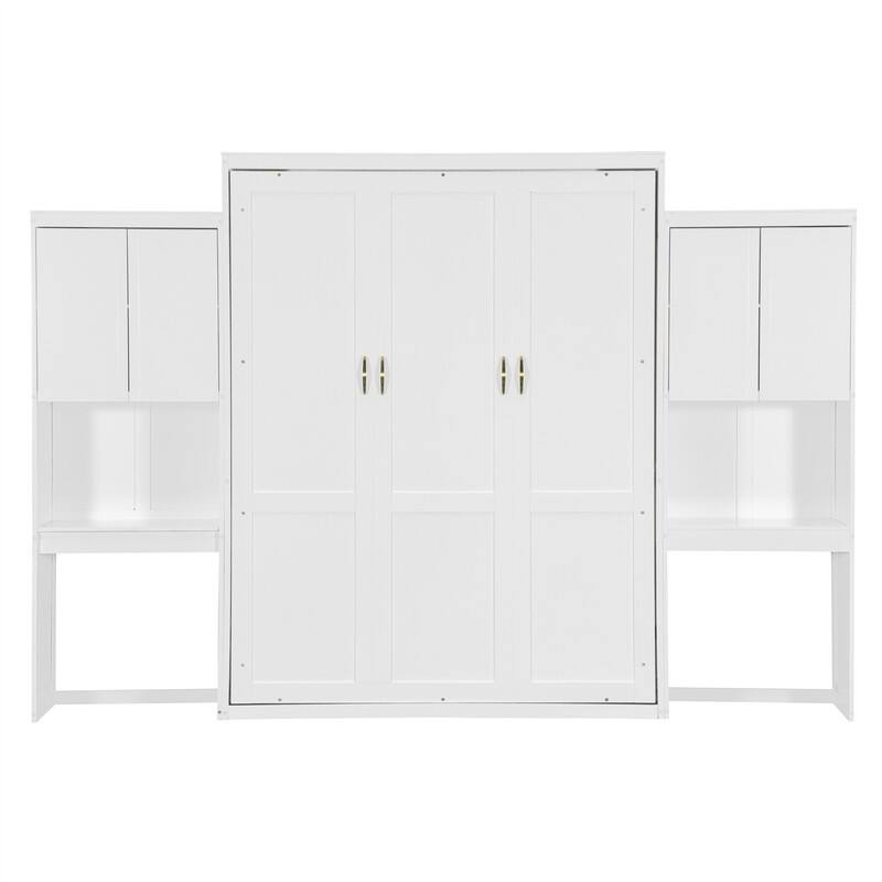 Queen Size Murphy Bed Wall Bed with Desk, Mirror and Vanity, Wooden Foldable Murphy Cabinet Bed with Storage Cabinets