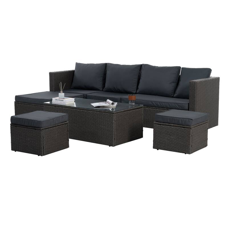 GDFStudio - Modern 7-Piece Outdoor PE Wicker Patio Set with Lounger Sofa, Seats 6