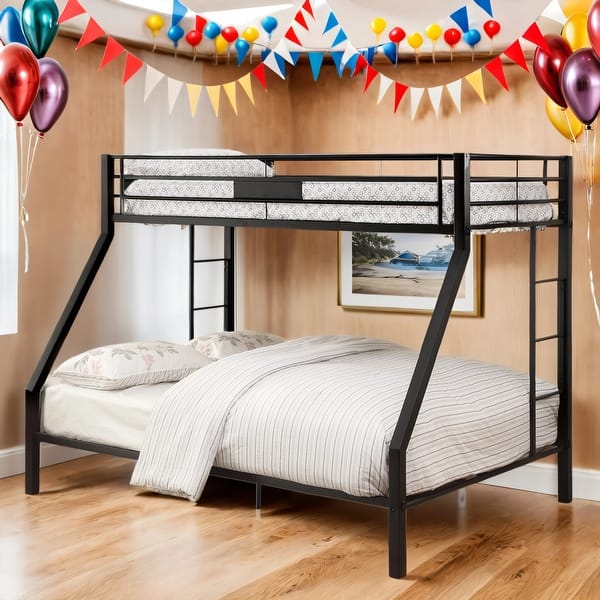 slide 2 of 8, Metal Twin XL over Queen Bunk Bed with Built-in Ladder Black