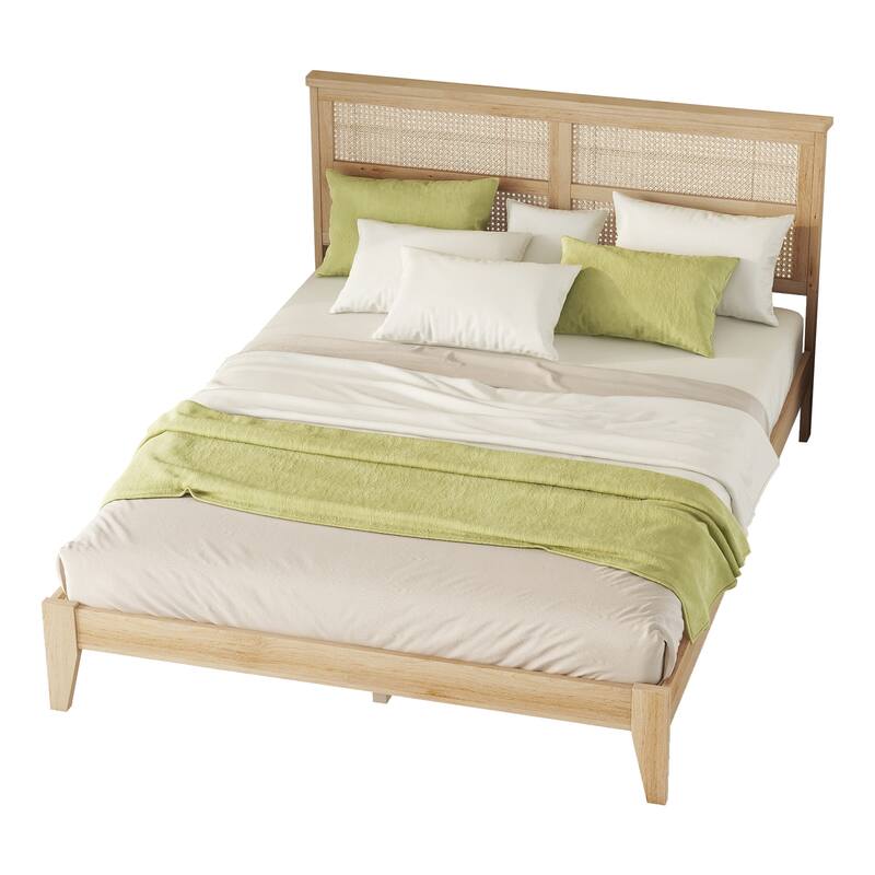 GDFStudio Rubber Wooden Bed with Rattan Headboard