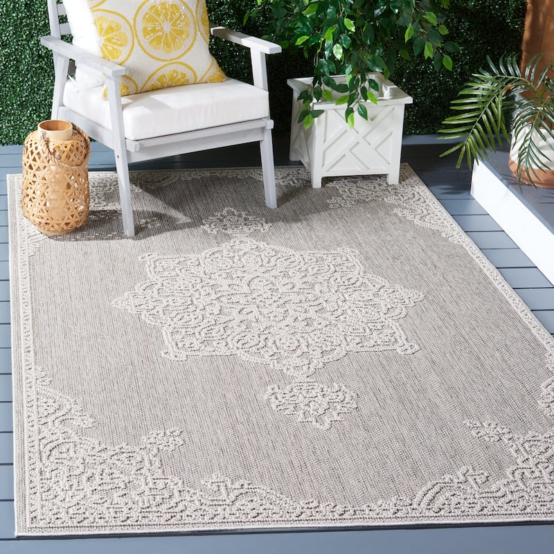 SAFAVIEH Global Venerica Indoor/Outdoor Waterproof Patio Backyard Rug - 6'7" Square - Grey/Ivory