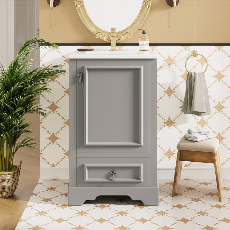 20" Bathroom Vanity with Ceramic Sink Bathroom Storage Cabinet with Adjustable U-Shaped and Drawer - Grey