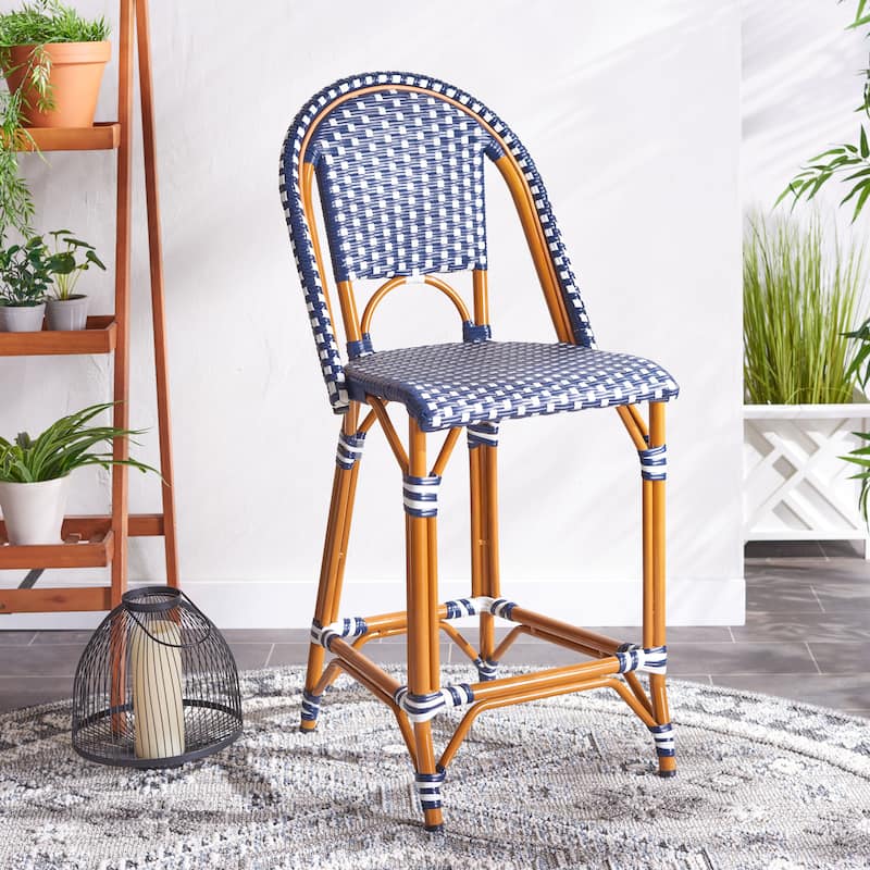SAFAVIEH Leonica Outdoor Bistro 25-inch Seat Height Counter Stool (Fully Assembled) - 20"W x 21"D x 43"H - Navy/White