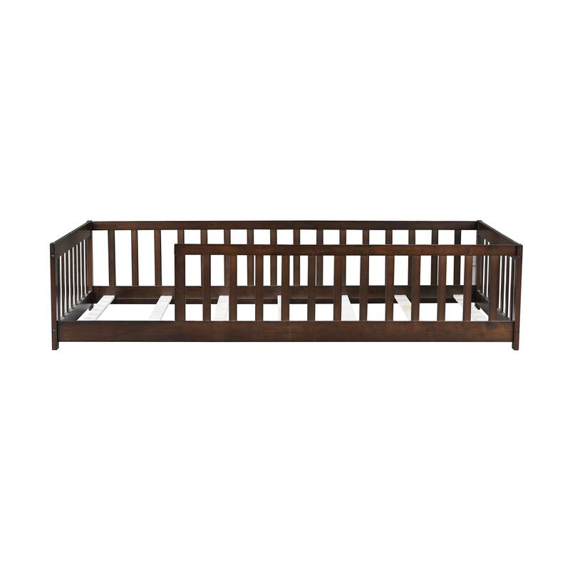 Twin Size Floor Bed with Fence without Door, Rubber Wood Floor Bed with Safety Guardrails