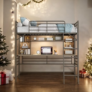 Full Size Loft Bed With Desk And Storage Shelves And Ladder for Home