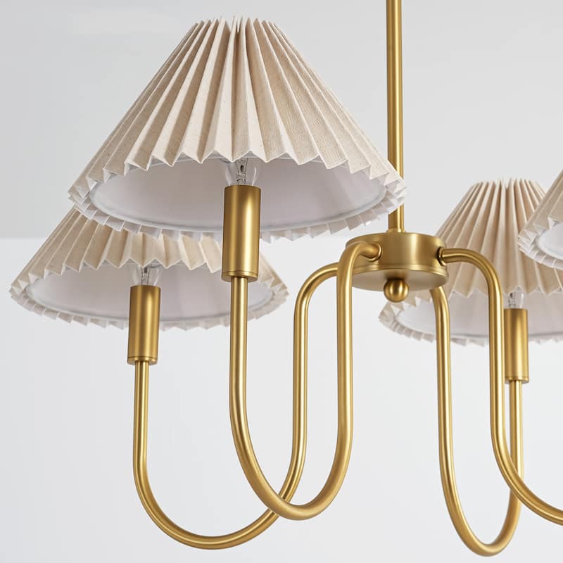 4-Light Mid-Century Modern Chandelier in Brushed Gold/Matte Black Chandelier with Pleated Shades for Living Room