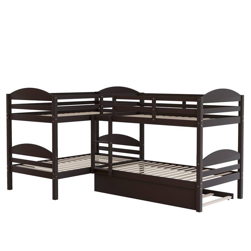 Twin L-Shaped Bunk Bed with Trundle Solid Pine Wood Convertible Beds