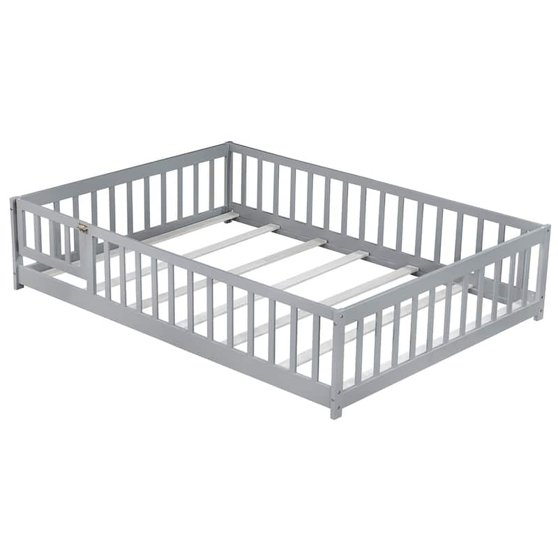 Full Size Floor Bed with Fence and Door,Rubber Wood Floor Bed with Safety Guardrails