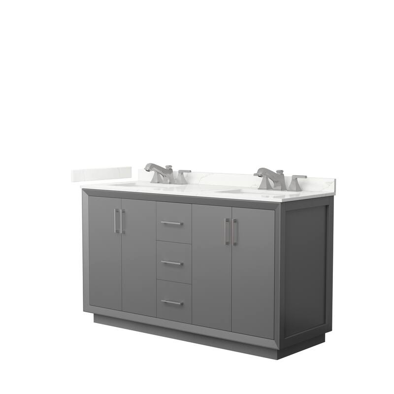 Strada 60-inch Double Vanity, Quartz Top - Dark Gray, Nickel Trim, Giotto Quartz Top