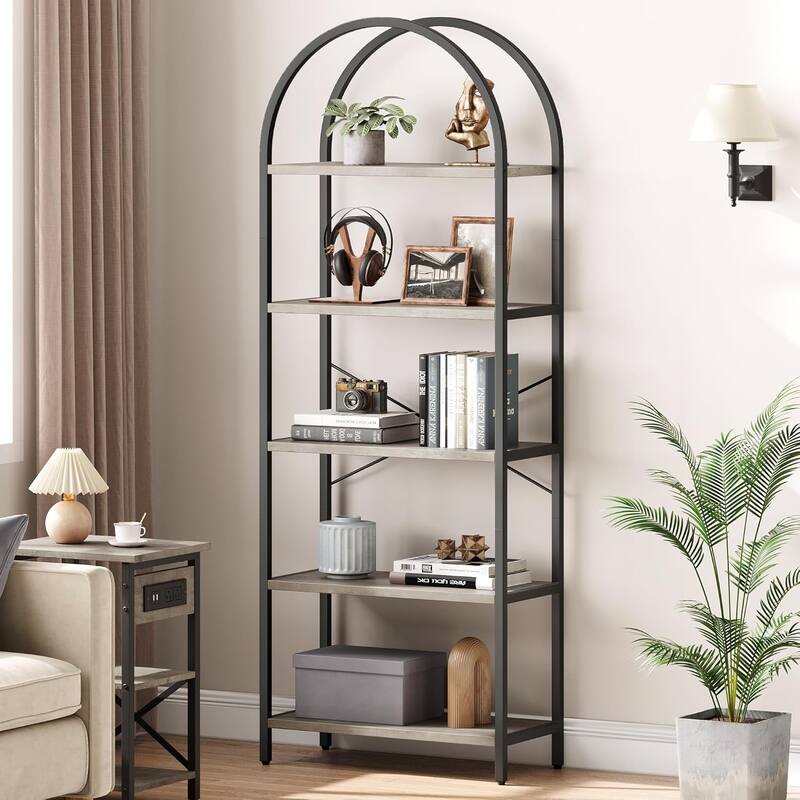 5-Tier Arched Bookshelf, Tall Wood Bookcase with Metal Frame, Modern Storage Rack for Living Room, Bedroom, or Home Office